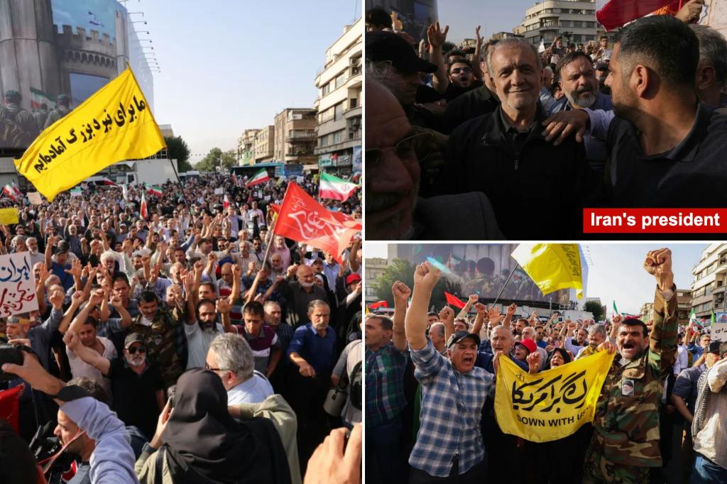 Iranian protesters wave ‘down with the USA’ flags on streets of Tehran — as president joins in